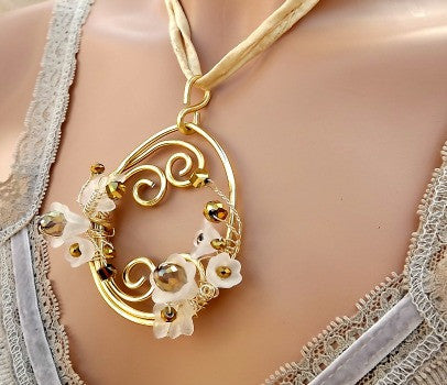 Handmade Gold & buy Silver Wrapped Collar w/ Wire & Pearl Flower Pendant Necklace